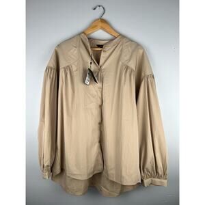 Oversized Button Down Drop Shoulder Lantern Sleeve Top Tan Massimo Dutti